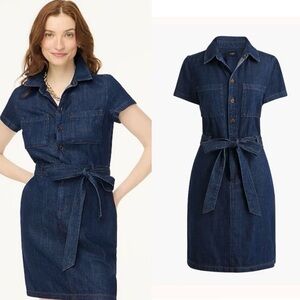 J. Crew Factory Dark Indigo Denim Shirt Dress with Tie Waist